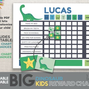 Puede incluir: Un cuadro de recompensas imprimible con temática de dinosaurios para niños. El cuadro es personalizable con el nombre del niño, los días de la semana y una lista de tareas o deberes. El cuadro incluye un espacio para puntos y un total. El cuadro está disponible en dos tamaños: 11x14 y 16x20.