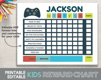 May include: Printable kids reward chart featuring a blue and green game controller graphic. The chart is designed for a child named Jackson and includes a grid for tracking daily tasks and points earned. The chart has a section for a reward and a total points section.