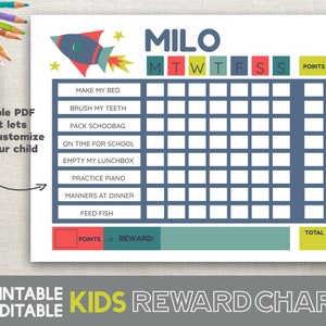 May include: A printable kids reward chart with a rocket ship design. The chart is customizable with a space for a child's name, a list of chores, and a grid for tracking points earned each day. The chart also includes a space for a reward.