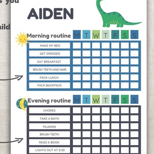 Peut inclure: Un tableau imprimable pour la routine quotidienne d'un enfant. Le tableau est intitul&eacute; "AIDEN" et pr&eacute;sente une illustration de dinosaure vert. Le tableau comprend une routine matinale et une routine du soir avec des cases &agrave; cocher pour chaque jour de la semaine.