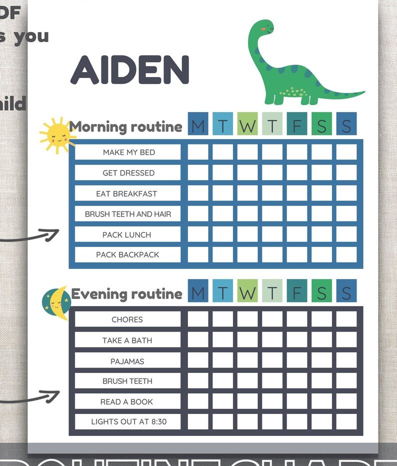 Peut inclure: Un tableau imprimable pour la routine quotidienne d'un enfant. Le tableau est intitul&eacute; "AIDEN" et pr&eacute;sente une illustration de dinosaure vert. Le tableau comprend une routine matinale et une routine du soir avec des cases &agrave; cocher pour chaque jour de la semaine.