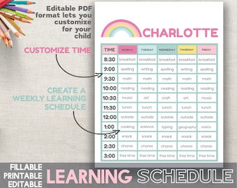 Programma per bambini modificabile - Modello di programma per pianificatore stampabile modificabile - Programma settimanale per bambini - Programma per la scuola a casa - Grafico arcobaleno per ragazze PDF