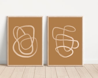 Dessin au trait ocre - Esquisse au trait - Impression d’art abstrait moderne - Tirage d’art numérique Ensemble de 2 - Ocre Boho Imprimable - 11x14/16x20/18x24
