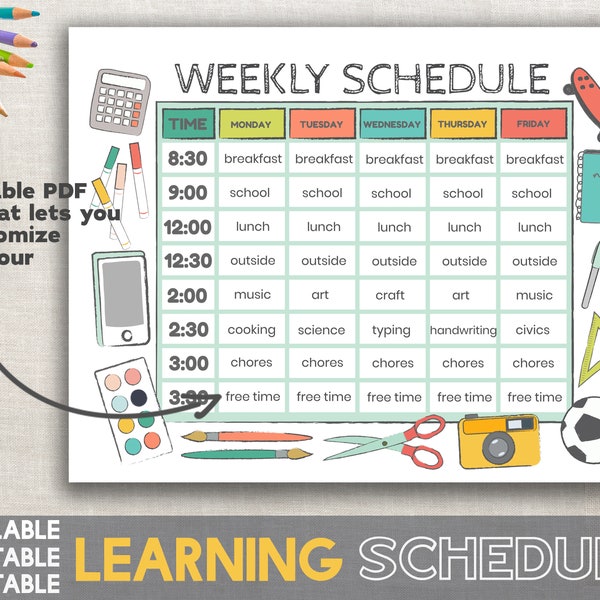 Kids Schedule - Editable Printable Fillable PDF Template - Hourly Kids Schedule - Home school Schedule - Kids Schedule Learning Schedule PDF