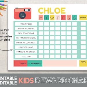 May include: A printable kids reward chart with a teal and pink color scheme. The chart is designed for a child named Chloe and includes a list of chores and a space to track points earned each day. The chart also includes a space for a reward.
