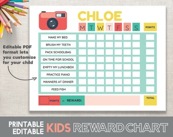 Editable Reward Chart - Kids Chore Chart Camera Responsibility chart 8.5x11 Editable Printable Reward Chart Fillable PDF - Camera VSCO Girl