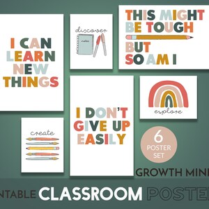 Growth Mindset Printable Poster Set - Set of 6 printable classroom posters - instant download printable teacher art for elementary classroom