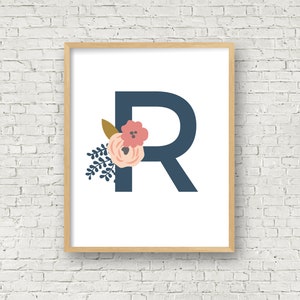 Monogram Art Print Letter R Floral Printable Art Print 8x10 Digital Art Print Letter R Instant Download