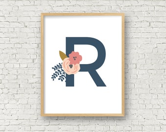 Monogram Art Print Letter R Floral Printable Art Print 8x10 Digital Art Print Letter R Instant Download