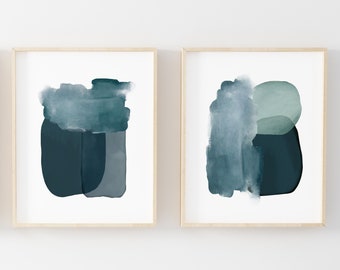 Abstract Art Modern Art Set of 2 blue-green teal aqua watercolor digital art prints printable watercolor 3 sizes included 8x10/11x14/16x20