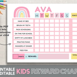 May include: A printable pink and blue reward chart for kids with a rainbow design. The chart has a space for a child's name, a list of chores, and a grid for tracking points earned each day. The chart also includes a section for a reward.