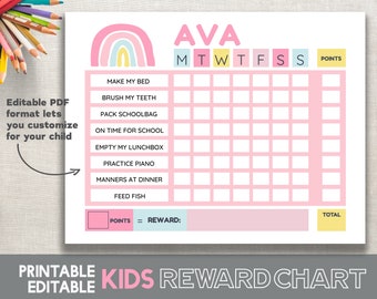 Récompense graphique filles imprimable corvée graphique arc-en-ciel nuage violet routine graphique enfants 8,5 x 11 remplissable modifiable imprimable numérique téléchargement immédiat