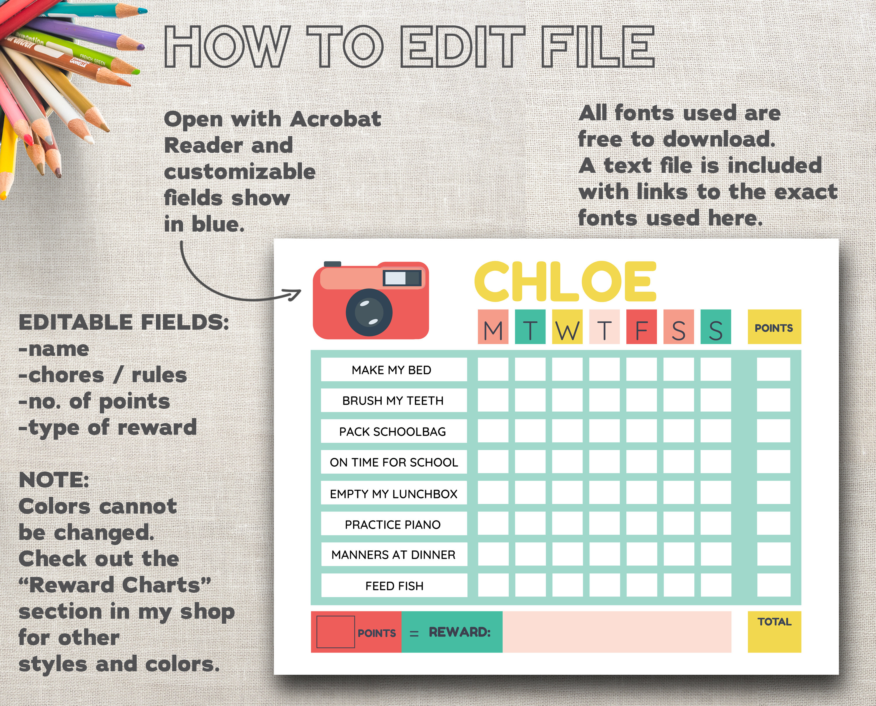 Paper &amp; Party Supplies Camera VSCO Girl Editable Reward Chart Kids ...