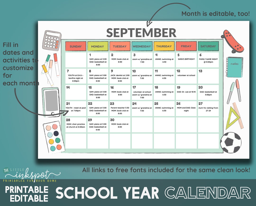 School Year Calendar Printable - Editable Monthly Schedule - Editable ...