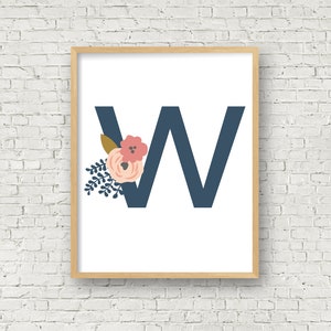 W Monogram Digital Art Print 8x10 Nursery Art Printable W Floral Letter Printable Instant Download