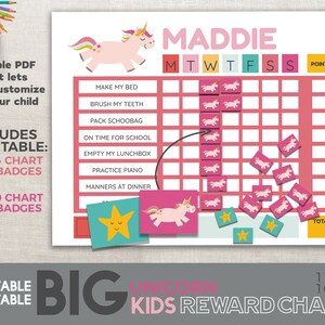 Big Reward Chart - Unicorn 11x14 and 16x20 Editable Printable PDF Kids Reward Chart - includes printable badges and charts in 2 sizes