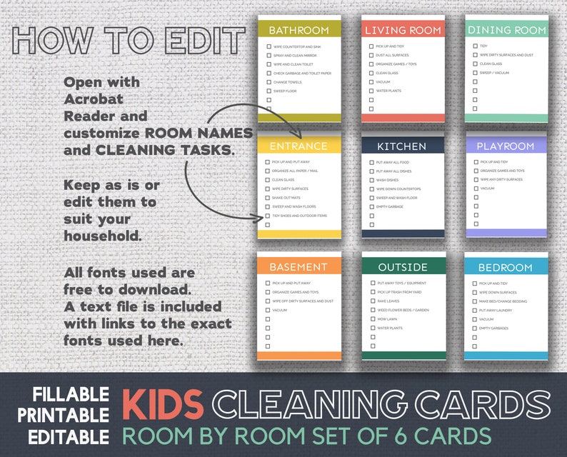 Cleaning Cards Kids Cleaning Cards Fully Editable Version Etsy