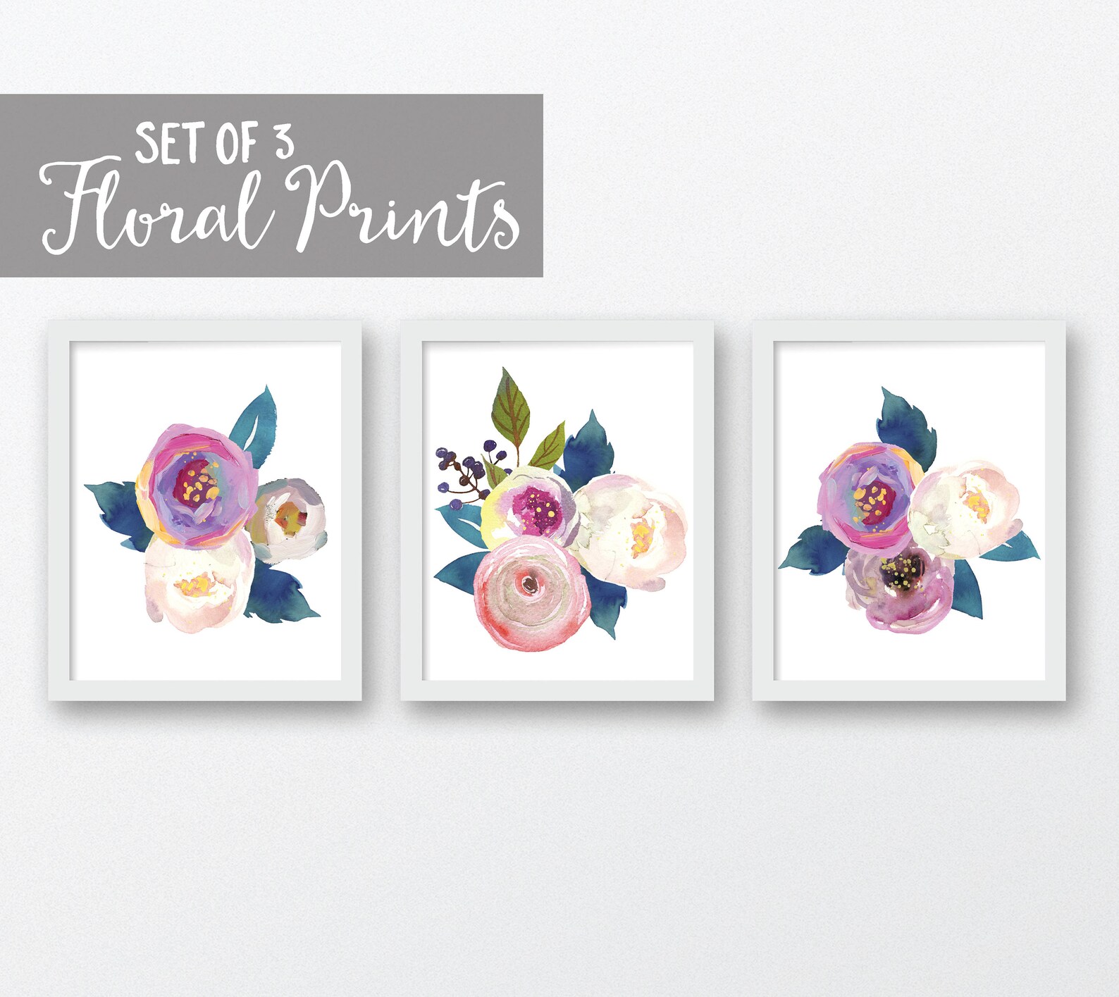 Floral Watercolor Art Prints Set of 3 Purple Floral Watercolor Etsy