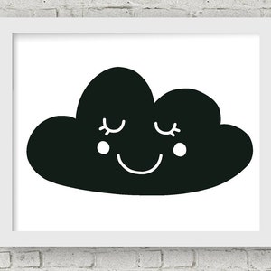 May include: Black and white illustration of a smiling cloud with closed eyes. The cloud has a simple, cartoon-like design.