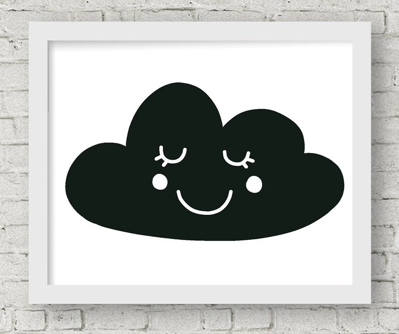 May include: Black and white illustration of a smiling cloud with closed eyes. The cloud has a simple, cartoon-like design.