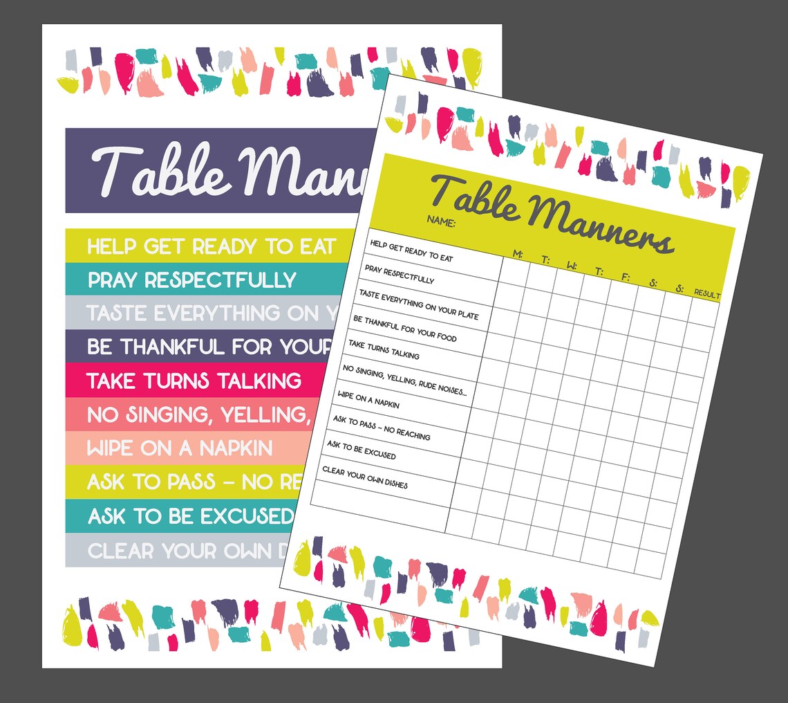 Table Manners Poster Set With Chart and Checklist Table Etsy Canada