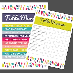 Table Manners Poster Set with chart and checklist table manners for toddlers and young kids ages 3-10 table manners chart instant download