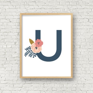 Monogram U - Letter U Printable Wall Art - U Floral Letter Art 8x10 Printable Art Instant Download