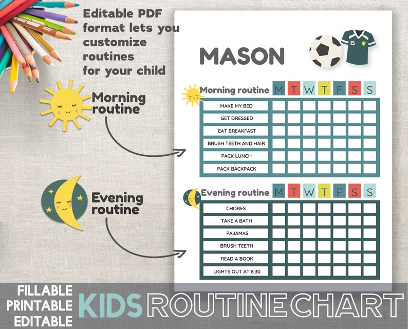 Routine Chart Kids Daily Routine Chart Printable 8.5x11 Editable PDF Morning and Evening Routine Soccer Instant Download Chart Printable PDF image 1