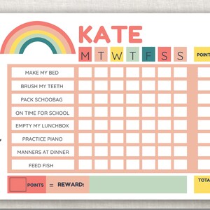May include: A printable chore chart for kids with a rainbow design. The chart includes a space for a child's name, days of the week, and a list of chores. The chart also includes a section for points and a reward.
