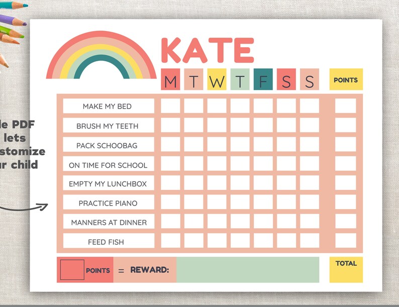 May include: A printable chore chart for kids with a rainbow design. The chart includes a space for a child's name, days of the week, and a list of chores. The chart also includes a section for points and a reward.