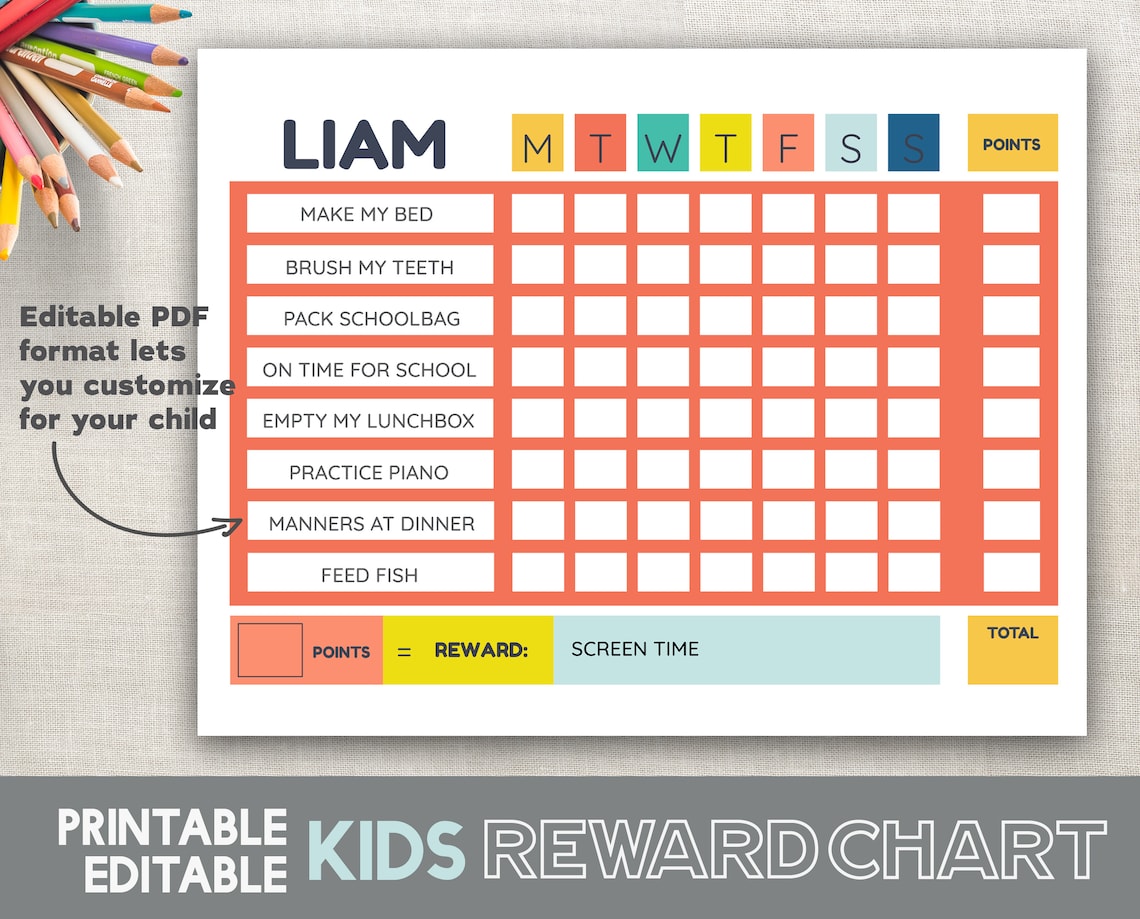 Reward Chart Printable Chore Chart Instant Download Fillable - Etsy Canada