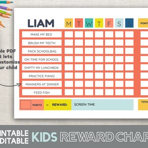 May include: A printable kids reward chart with a coral background and a yellow, blue, and green color scheme. The chart is labeled "Liam" and includes a list of chores such as "Make my bed", "Brush my teeth", and "Practice piano". There are columns for each day of the week and a points column. The chart also includes a section for screen time and a total points section.