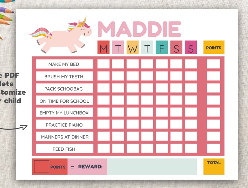 printable reward chart unicorn fillable editable girl