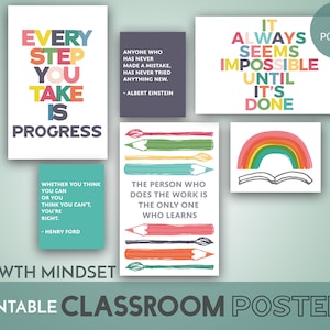 Classroom Posters Printable Set of 6 Growth Mindset Digital Art Prints in 8.5x11 and 11x17 size - classroom decor instant download