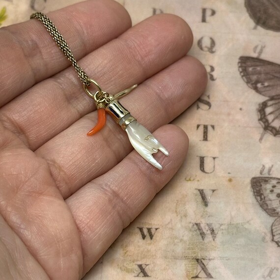 Antique 14k 9ct Horned Hand Pendant Group Charm / Cor… Gem