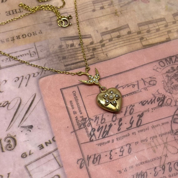 Victorian 9ct Swallow Seed Pearl and Heart Necklace