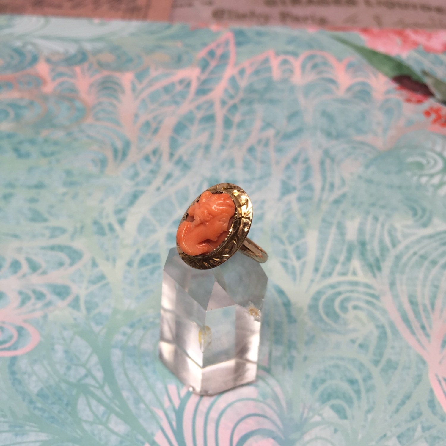 Vintage Victorian Coral Cameo Ring in 10k Gold