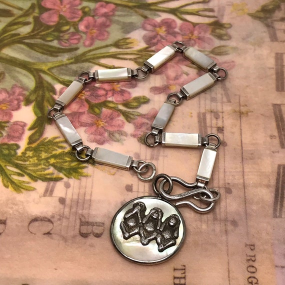 Vintage  Mother of Pearl Three Wise Monkeys Sterling Charm Bracelet