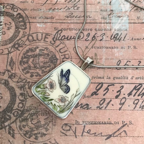 Vintage Engraved and Hand painted Butterfly Necklace in Sterling