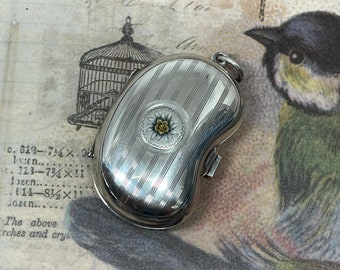 Antique Edwardian Silver enameled Kidney Bean Locket / Coin Holder, circa 1912