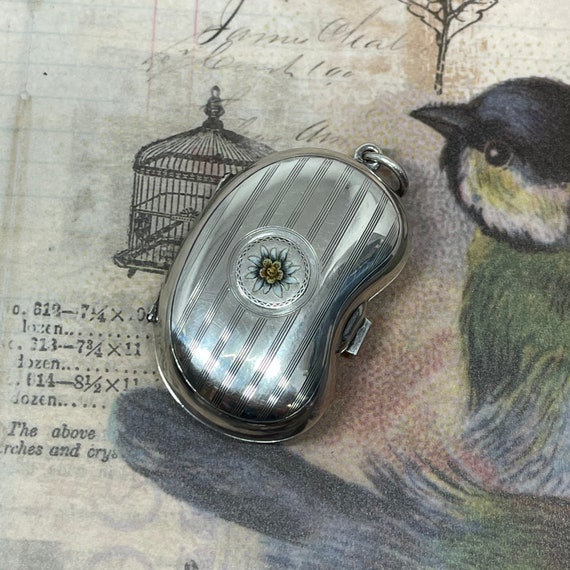 Antique Edwardian Silver enameled Kidney Bean Locket / Coin Holder, circa 1912