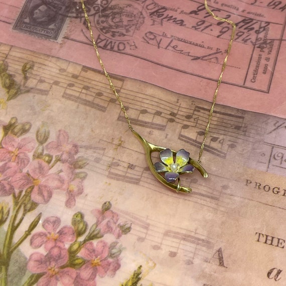 Antique Art Nouveau 14K 10K Wishbone Enamel Flower with Pearl Necklace