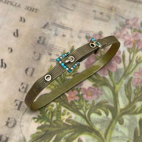 Rare Antique 9ct Victorian Turquoise and Seed Pearl bracelet