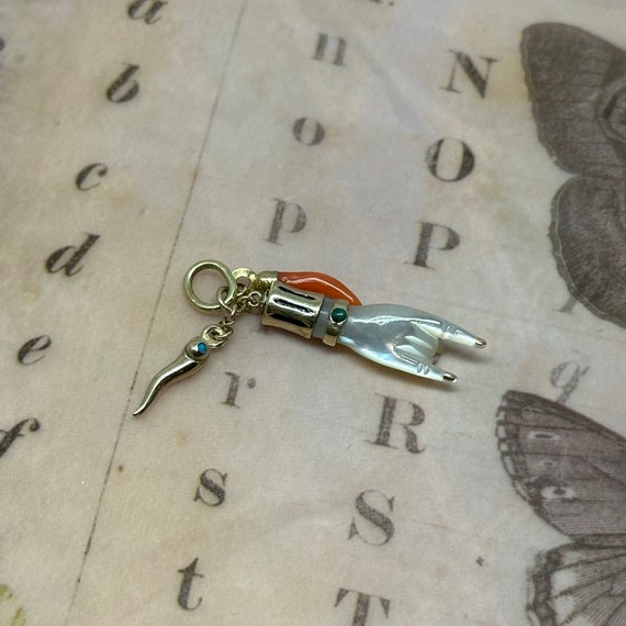 Antique 14k 9ct Horned Hand Pendant Group Charm / Cor… Gem