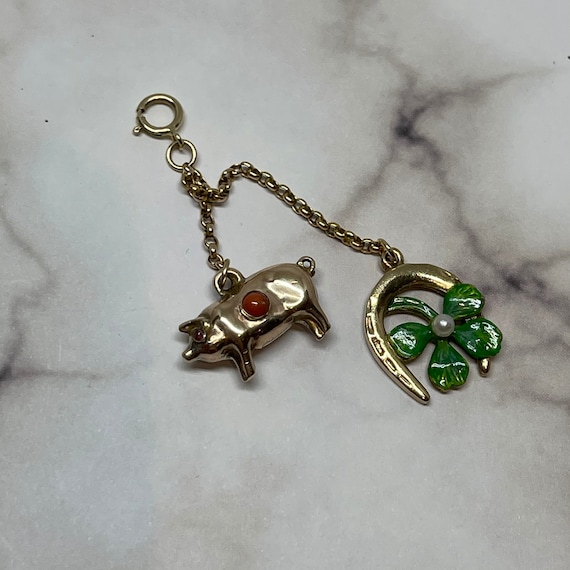 Antique Vintage 9ct Lucky Pig and Clover Horseshoe Charm Pendant