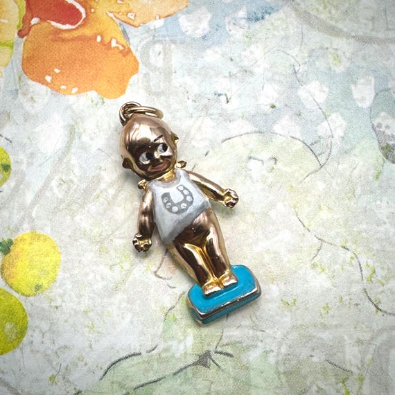 Rare 9ct Antique Enameled Kewpie Charm Pendant