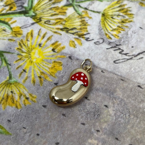 Super Rare Enameled Lucky Bean Charm Pendant with Mushroom decal