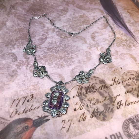 Antique Victorian Sterling Necklace with Marcasitea and Amethyst