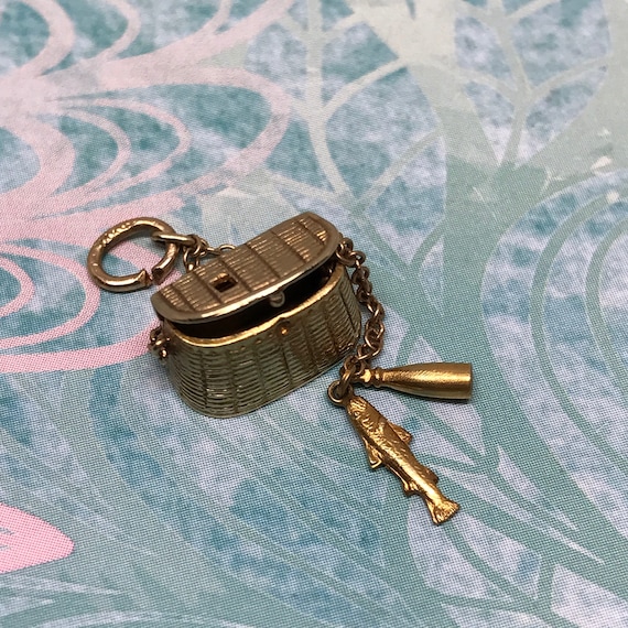 Very Rare Vintage 14K Charm Pendant Fish Basket, movable with a fish and a fishing priest inside