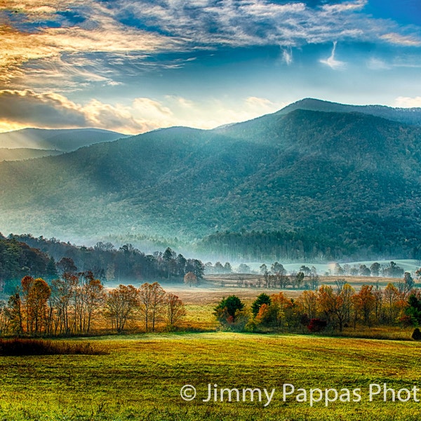 Cades Cove, Sunrise, Smoky Mountains, National Park, Mountains, Landscape, Fine Art Print, Jimmy Pappas Photography